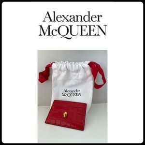 ALEXANDER McQUEEN Skull Croc-Embossed Leather Card Holder || Scarlet Red NWOT